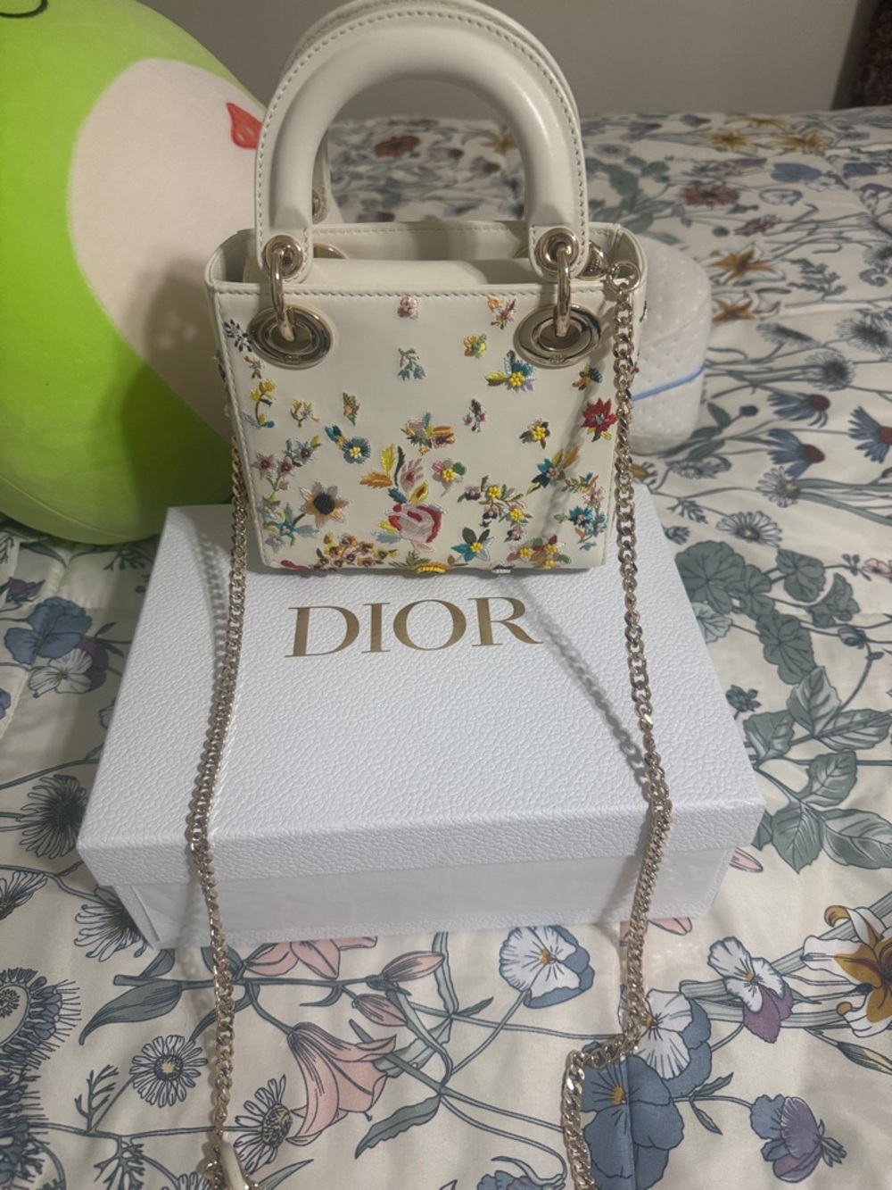Dior White Mini Tote with Multicolor Floral Embroidery